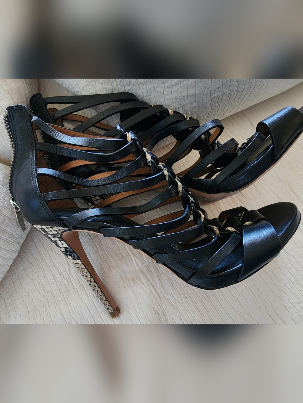Coach Black Strappy High Heel Sandals with Snakeskin Accent